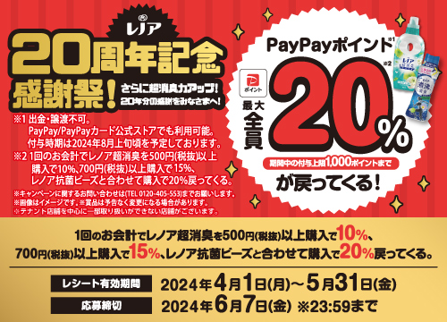 レノア超消臭を500円以上ご購入レシートでご応募いただくとPayPayポイント最大20%が戻ってくる！