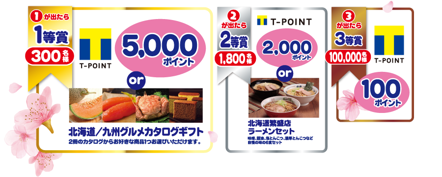 ①が出たら1等賞300名様Tポイント5,000ポイントor北海道/九州グルメカタログギフト ②が出たら2等賞1,800名様Tポイント2,000ポイントor北海道繁盛店ラーメンセット ③が出たら3等賞100,000名様Tポイント100ポイント