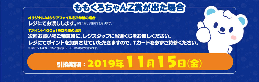 ももくろちゃんZ賞が出た場合 オリジナルA4クリアファイルをご希望の場合レジにてお渡しします。※無くなり次第終了となります。Tポイント100ptをご希望の場合 次回お買い物ご精算時に、レジスタッフに当選くじをお渡しください。レジにてポイントを加算させていただきますので、Tカードを必ずご持参ください。※Tポイントはカードをご提示後、2~3日内の反映となります。引換期限:2019年11月15日(金)
