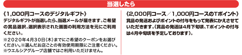 《1,000円コースのデジタルギフト》デジタルギフトが当選したら、当選メールが届きます。ご希望の賞品選択。選択表示された画面の利用方法を元にご利用ください。《2,000円コース/1,000円コースのTポイント》賞品の発送およびポイントの付与をもって発表にかえさせていただきます。(賞品の発送は4月下旬頃、Tポイントの付与は4月中旬頃を予定しております)。