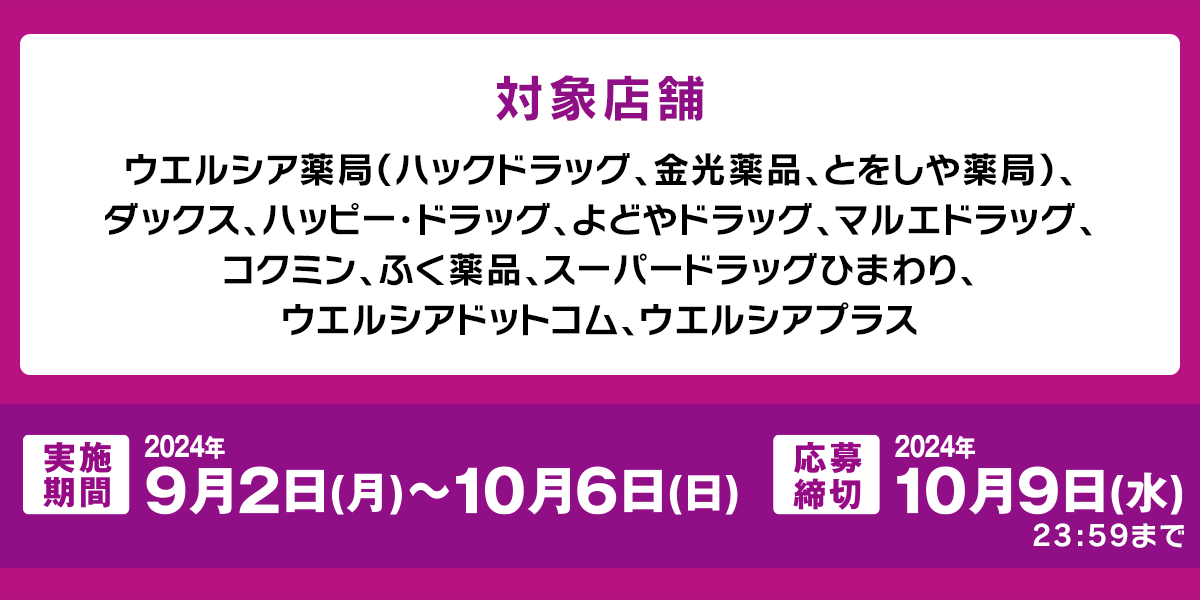 対象店舗 ウエルシア薬局（ハックドラッグ、金光薬品、とをしや薬局）、ダックス、ハッピー・ドラッグ、よどやドラッグ、マルエドラッグ、コクミン、ふく薬品、スーパードラッグひまわり、ウエルシアドットコム、ウエルシアプラス