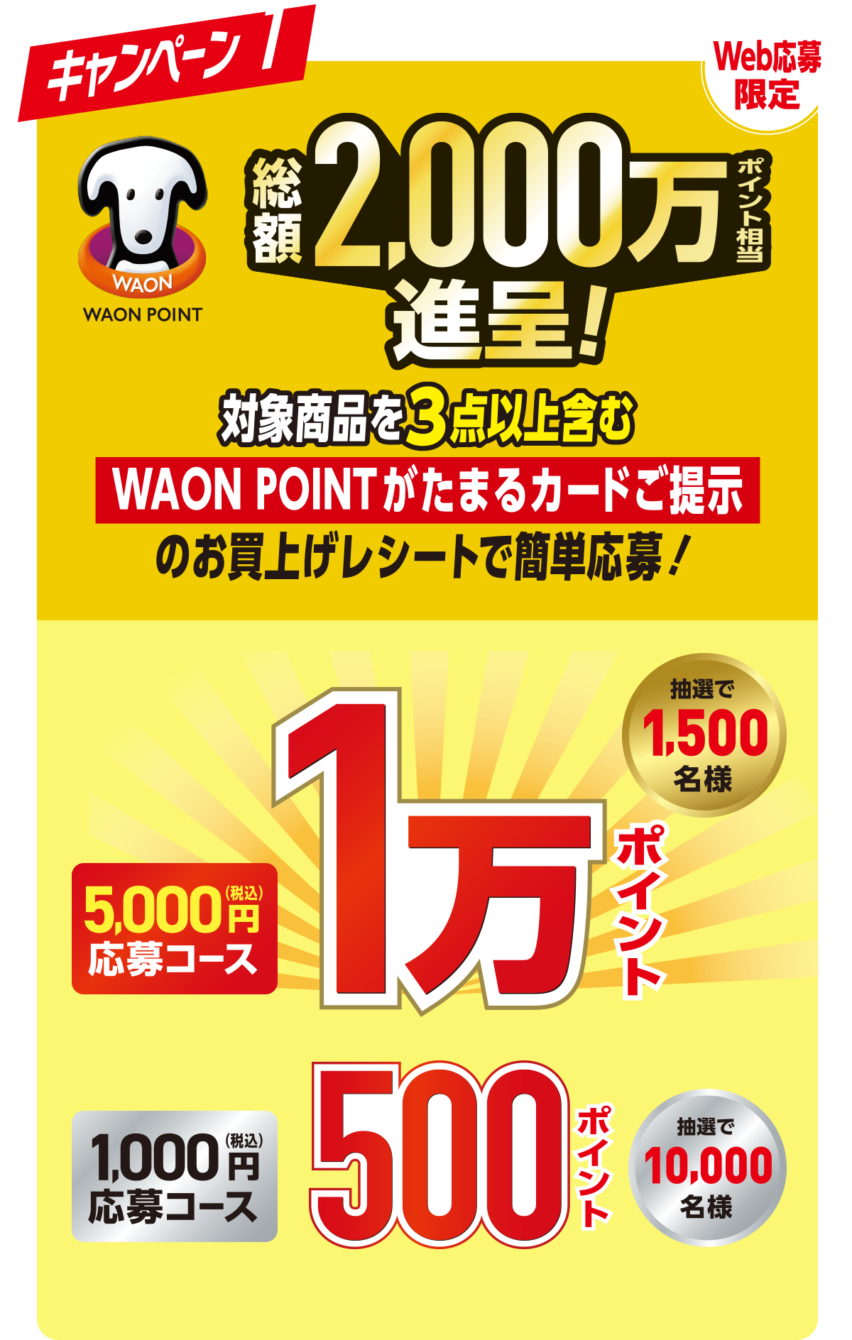 キャンペーン1 総額2,000万ポイント相当進呈！対象商品を3点以上含むWAON POINTがたまるカードご提示のお買い上げレシートで簡単応募！5,000円（税込）応募コース 1万ポイント 抽選で1,500名様 1,000円（税込）応募コース 500ポイント 抽選で10,000名様