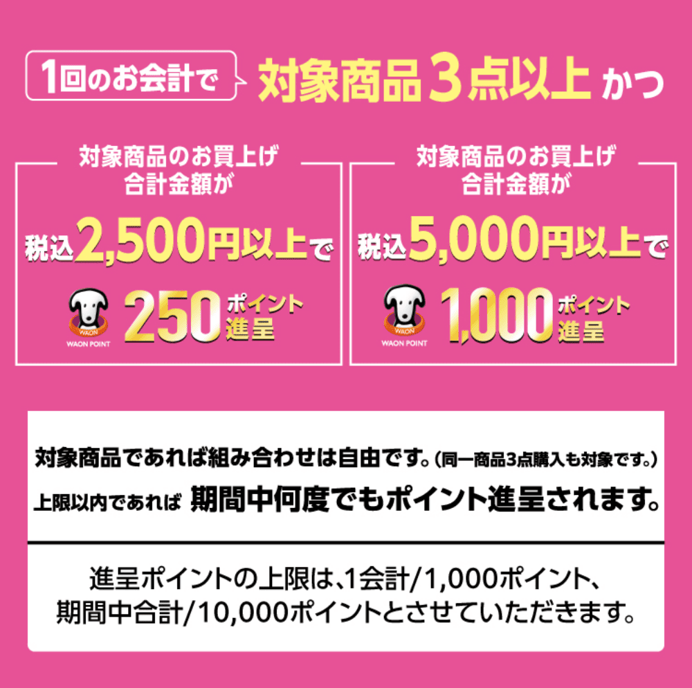 ウエルシアグループアプリからのエントリー限定 1回のお会計で対象商品3点以上かつ対象商品のお買上げ合計金額が税込2,500円以上でWAON POINT250ポイント進呈 税込5,000円以上でWAON POINT1,000ポイント進呈