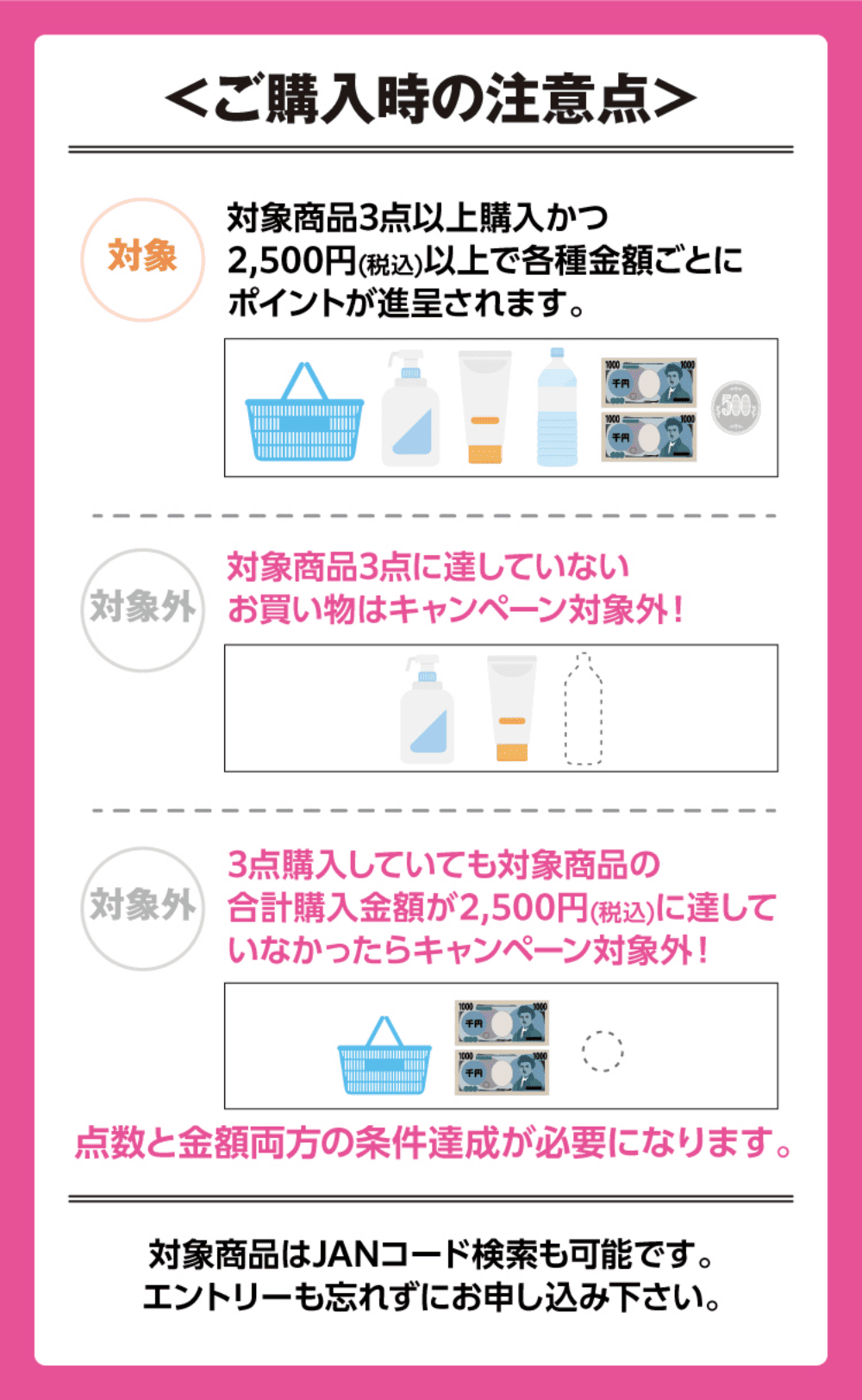 ご購入時の注意点：対象商品3点以上購入かつ2,500円(税込)以上で各種金額ごとにポイントが進呈されます。 対象商品3点に達していないお買い物はキャンペーン対象外！ 3点購入していても対象商品の合計購入金額が2,500円(税込)に達していなかったらキャンペーン対象外！ 点数と金額両方の条件達成が必要になります。