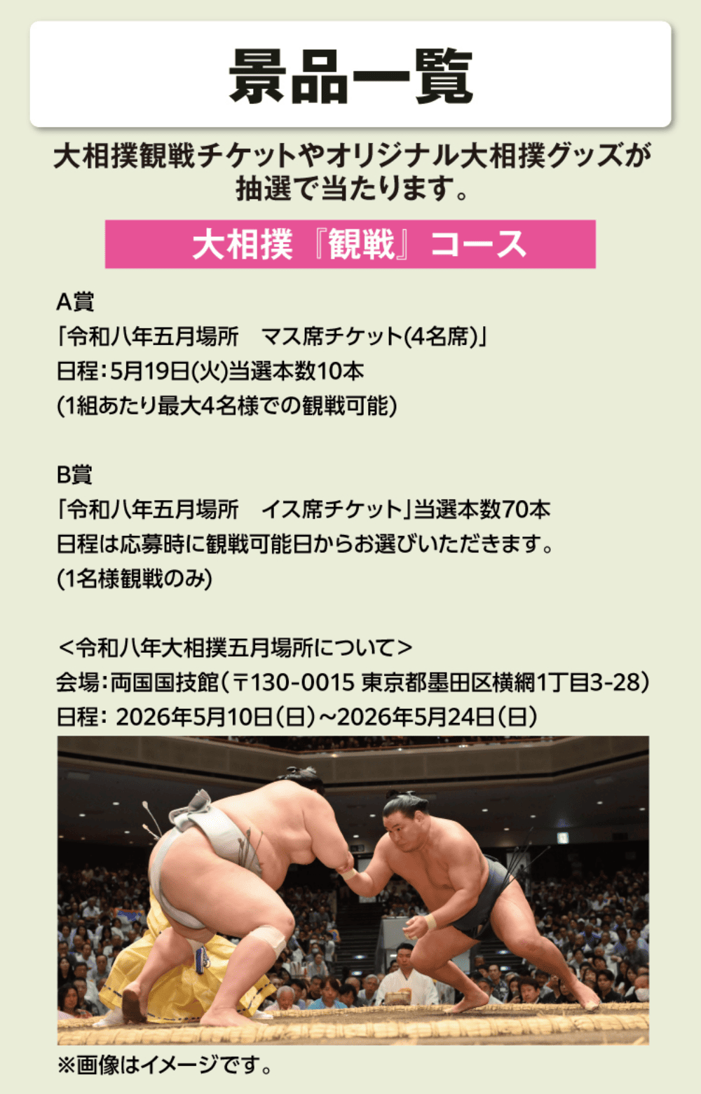 A〜E賞の中からお好きな賞にご応募いただけます。 大相撲「観戦」コース