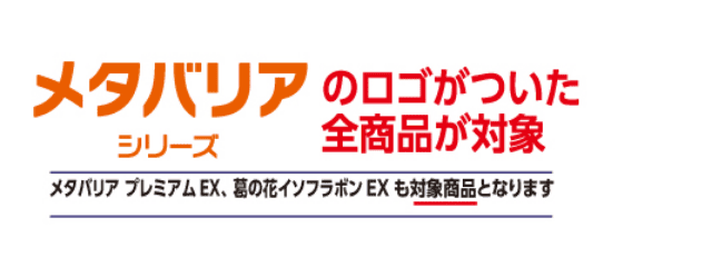 メタバリアシリーズ メタバリアのロゴがついた全商品が対象 プレミアムEX、葛の花イソフラボンEXも対象商品となります