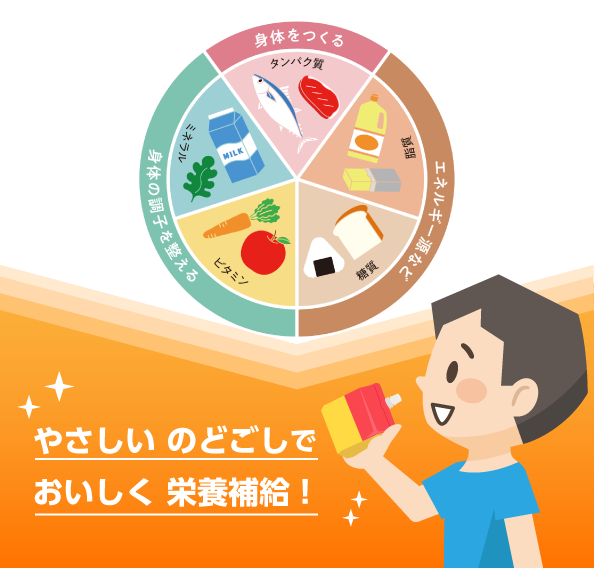 カロリーメイトゼリータイプを飲む少年 やさしいのどごしでおいしく栄養補給!