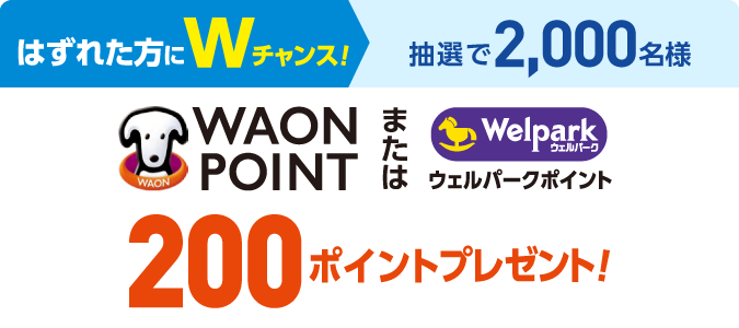 はずれた方にWチャンス!抽選で2,000名様 WAONPOINTまたはウェルポイント200ポイントプレゼント!