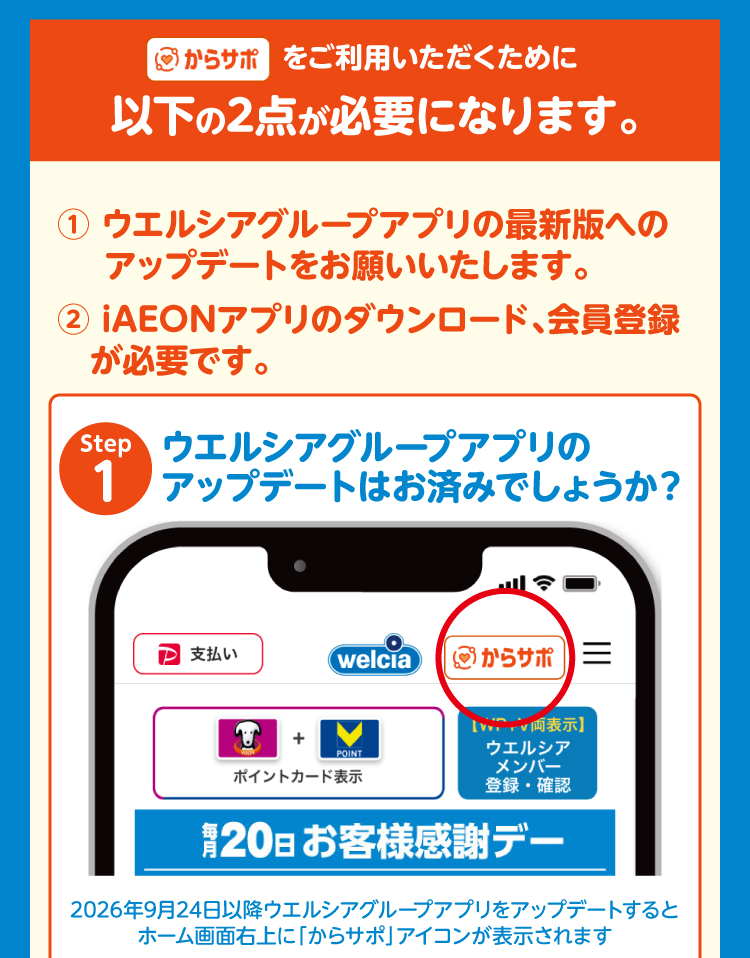 からサポをご利用いただくために以下の2点が必要になります。1 iAEONアプリのダウンロード、会員登録が必要です。2 ウエルシアグループアプリの最新版へのアップデートをお願いいたします。Step1 ウエルシアグループアプリのアップデートはお済みでしょうか？