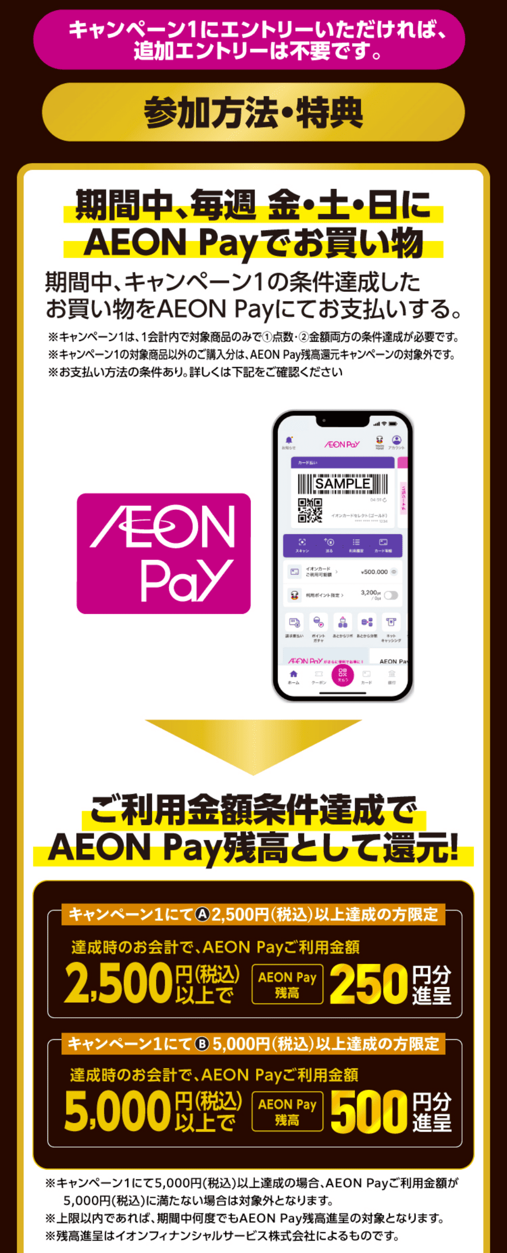 ご利用金額条件達成でAEON Pay残高として還元!