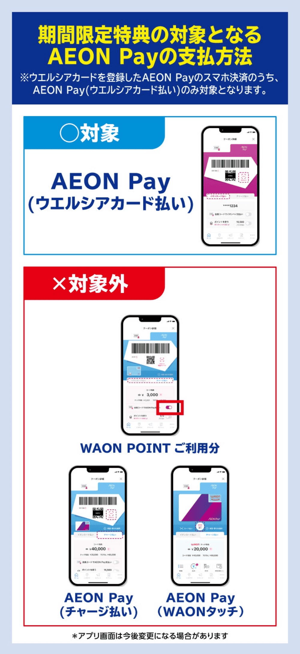 期間限定特典の対象となるAEON Payの支払方法 対象 AEON Pay(ウエルシアカード払い) 対象外 WAON POINTご利用分 AEON Pay(チャージ払い) AEON Pay(WAONタッチ)