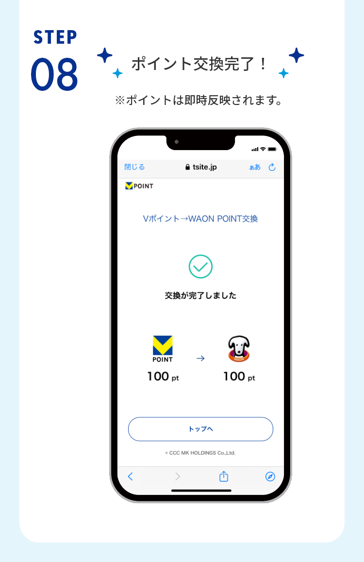 STEP08 ポイント交換完了！ ※ポイントは即時反映されます。