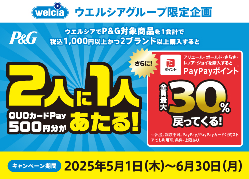 P&Gキャンペーンのお知らせ！対象商品を税込み1000円以上かつ2ブランド以上購入で2人に1人QUOカードPay500円分が当たる！