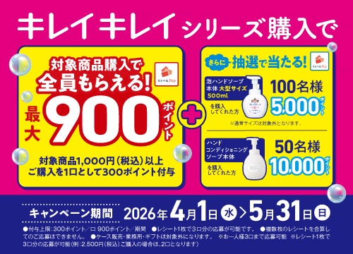 ライオンキレイキレイシリーズ対象商品を1,000円(税込)以上ご購入で最大900ポイントがもらえる！さらに！指定商品をご購入で最大10,000ポイントが抽選で当たる！
