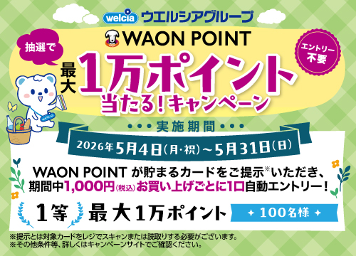 今なら最大１万WAON POINTが当たる！期間中税込1,000円お買い上げごとに１口自動エントリー！WAON POINTが抽選で当たる！