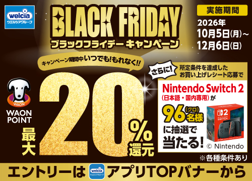 BLACK FRIDAYキャンペーン 開催中！対象商品3点以上を指定金額以上購入でWAON POINT最大20%還元！他キャンペーンも同時開催！